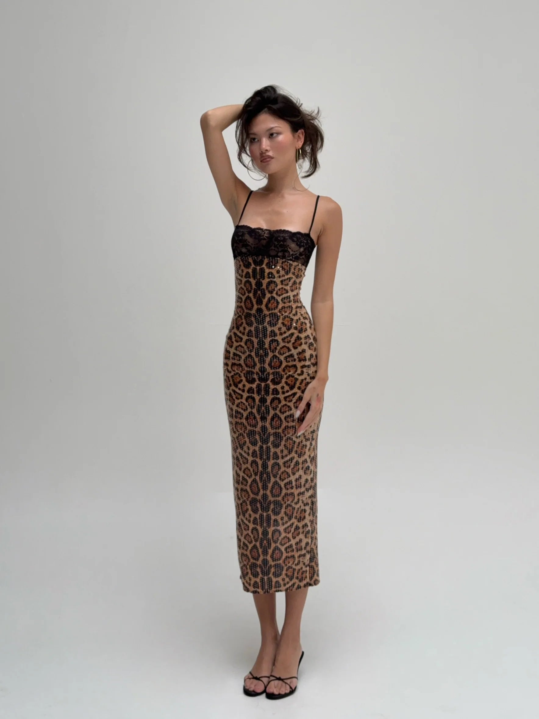 Nalani | Sequin Leopard Lace Midi Dress