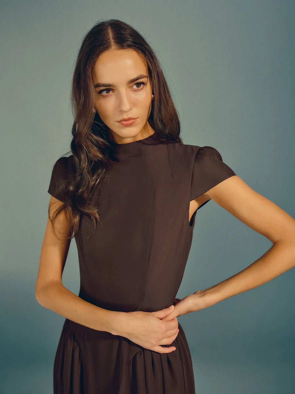 Maven | Mock-Neck Cap Sleeve Drop-Waist Maxi Dress