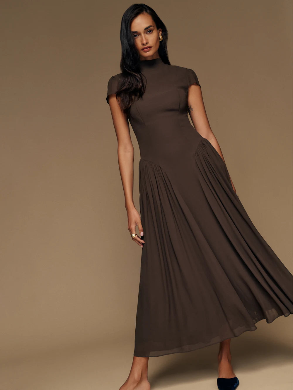 Maven | Mock-Neck Cap Sleeve Drop-Waist Maxi Dress