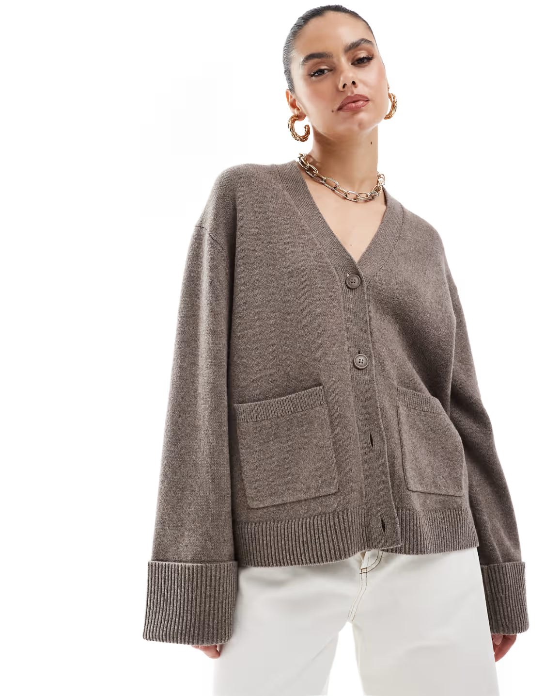 Vest in a wool blend with turned-up sleeves in taupe brown