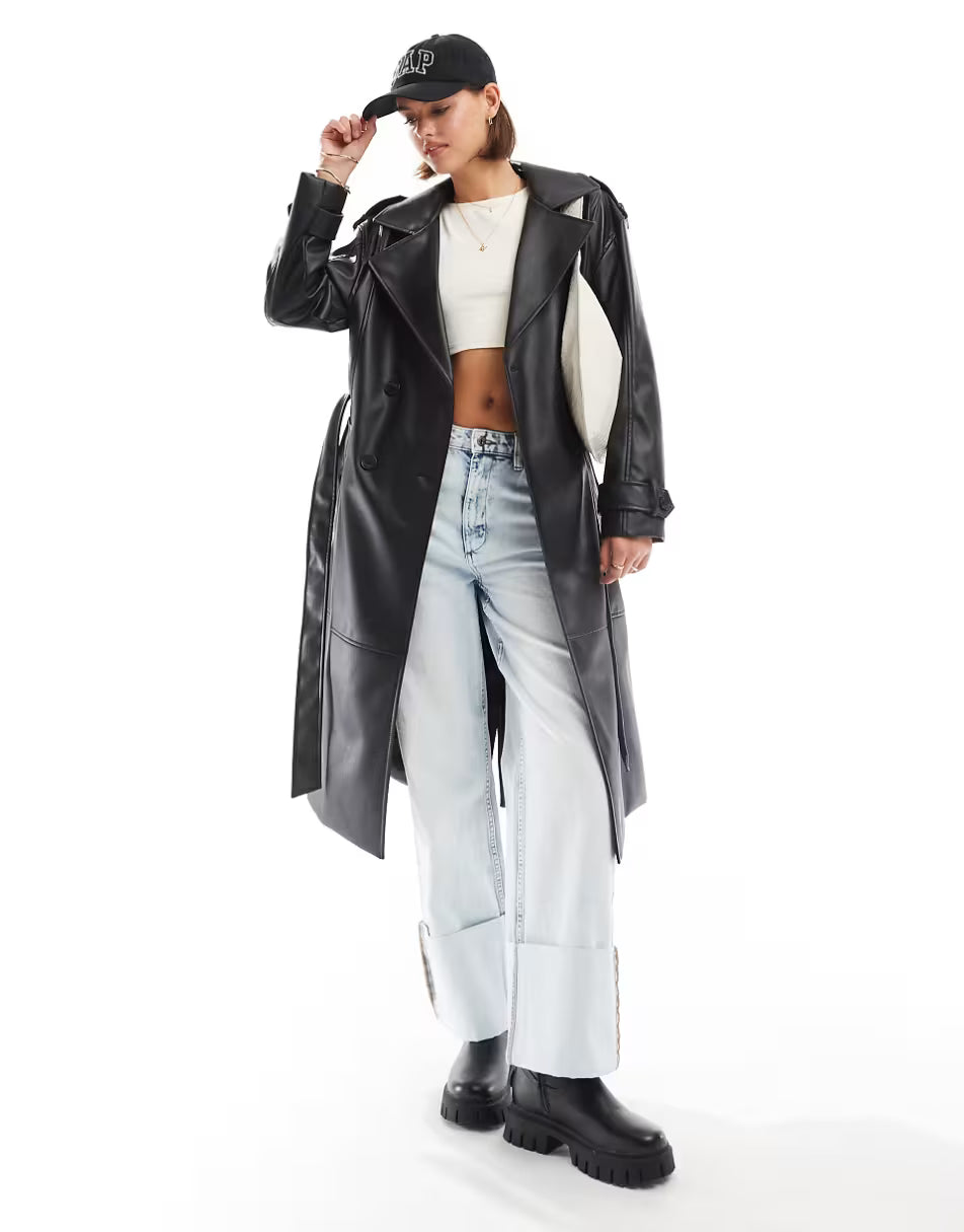 Black faux leather trench coat with belt