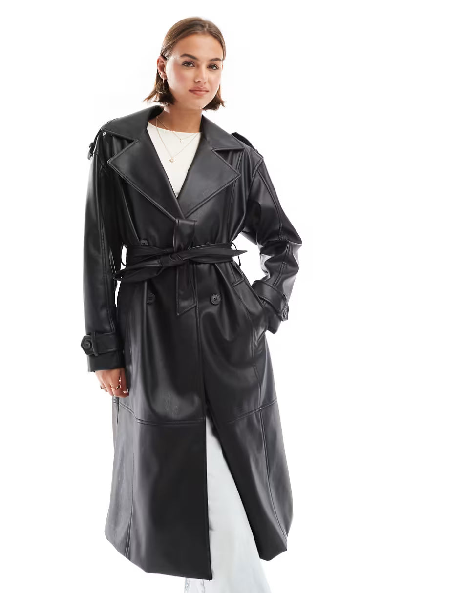 Black faux leather trench coat with belt