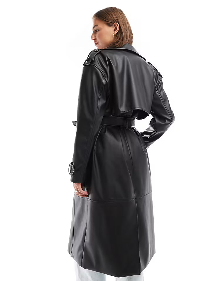 Black faux leather trench coat with belt