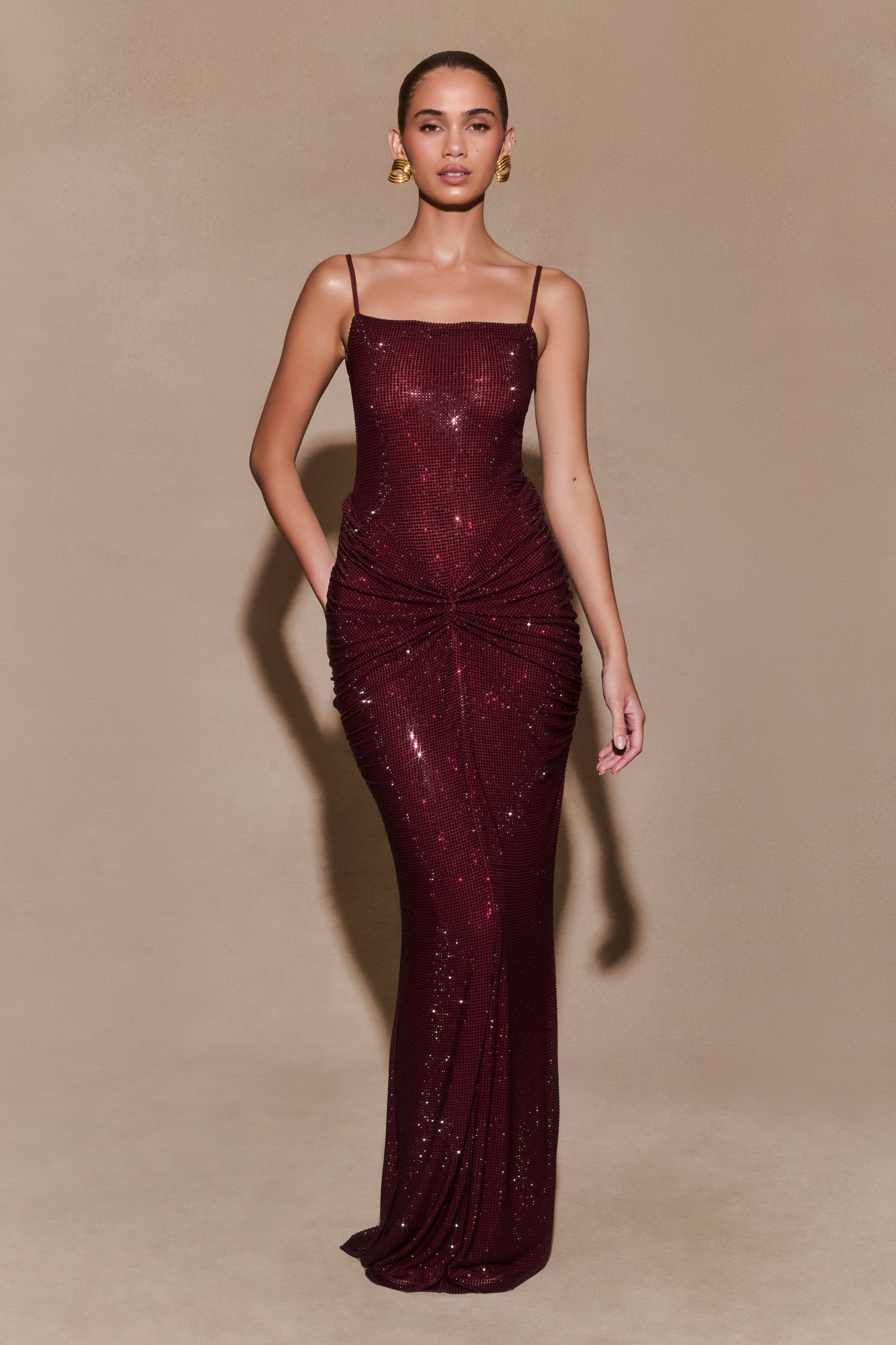 Roisin | Diamante Satin Maxi Dress – Mahogany
