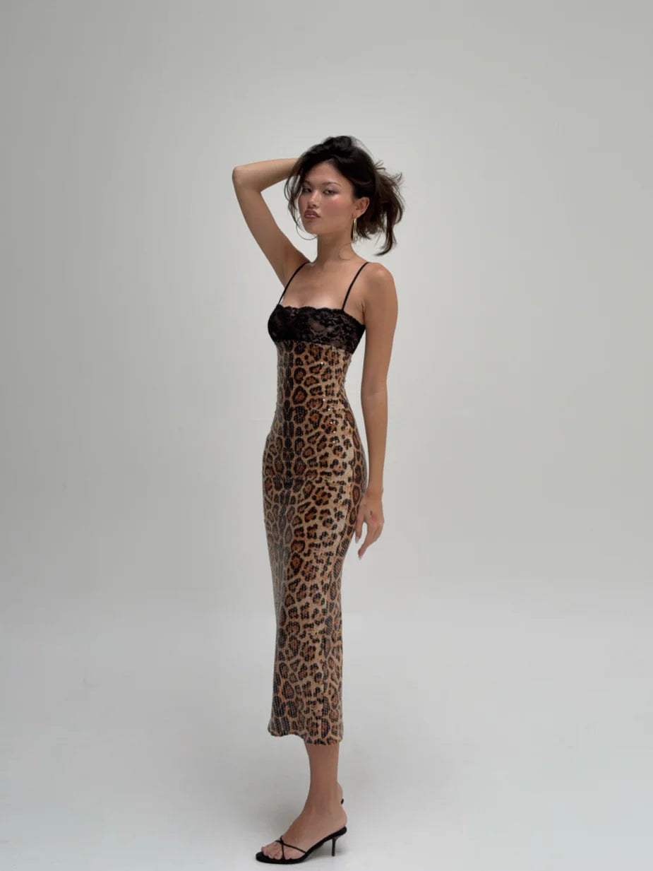 Nalani | Sequin Leopard Lace Midi Dress