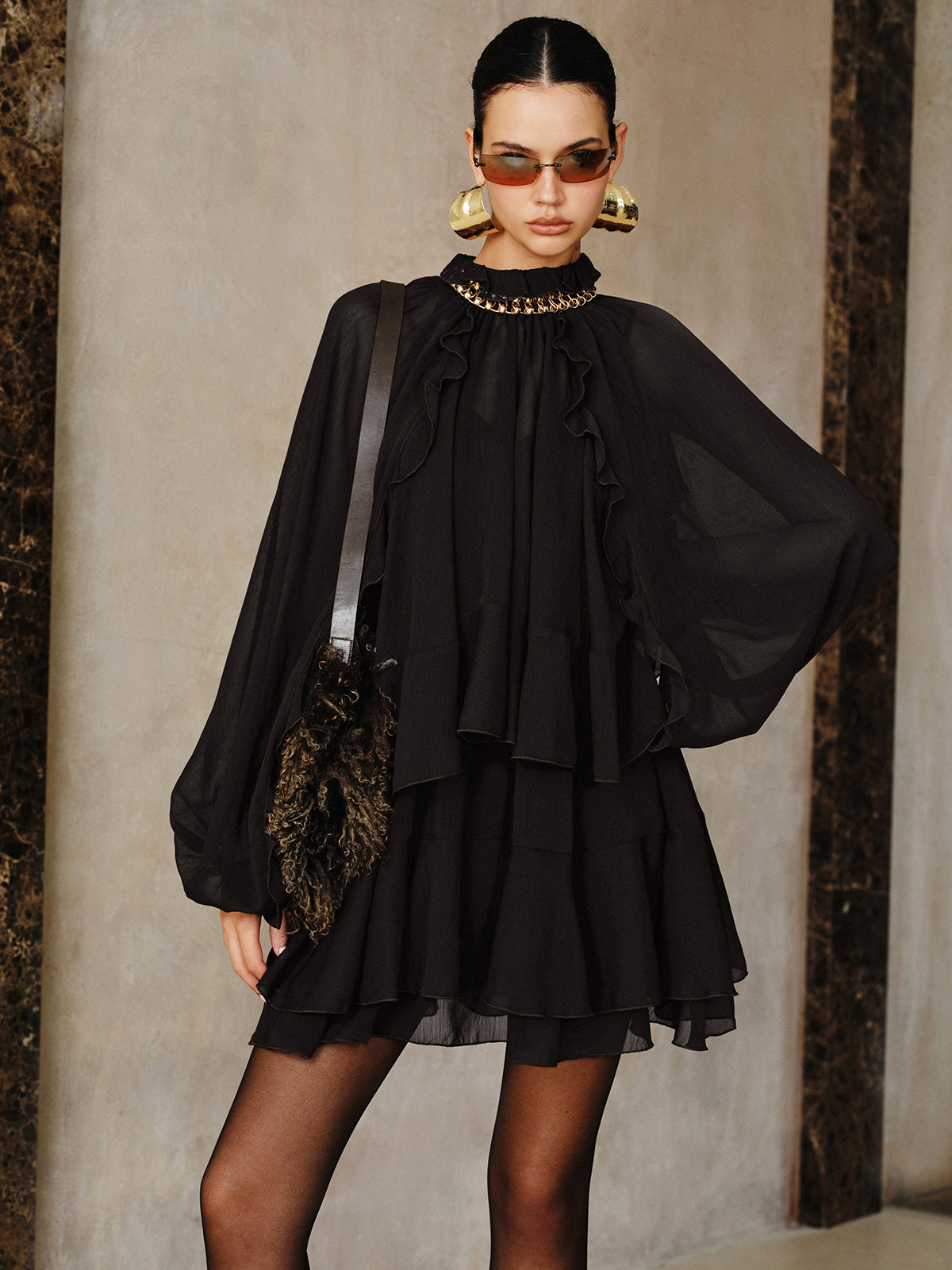 Tiered Ruffle | Chiffon Mini Dress Set with Liner