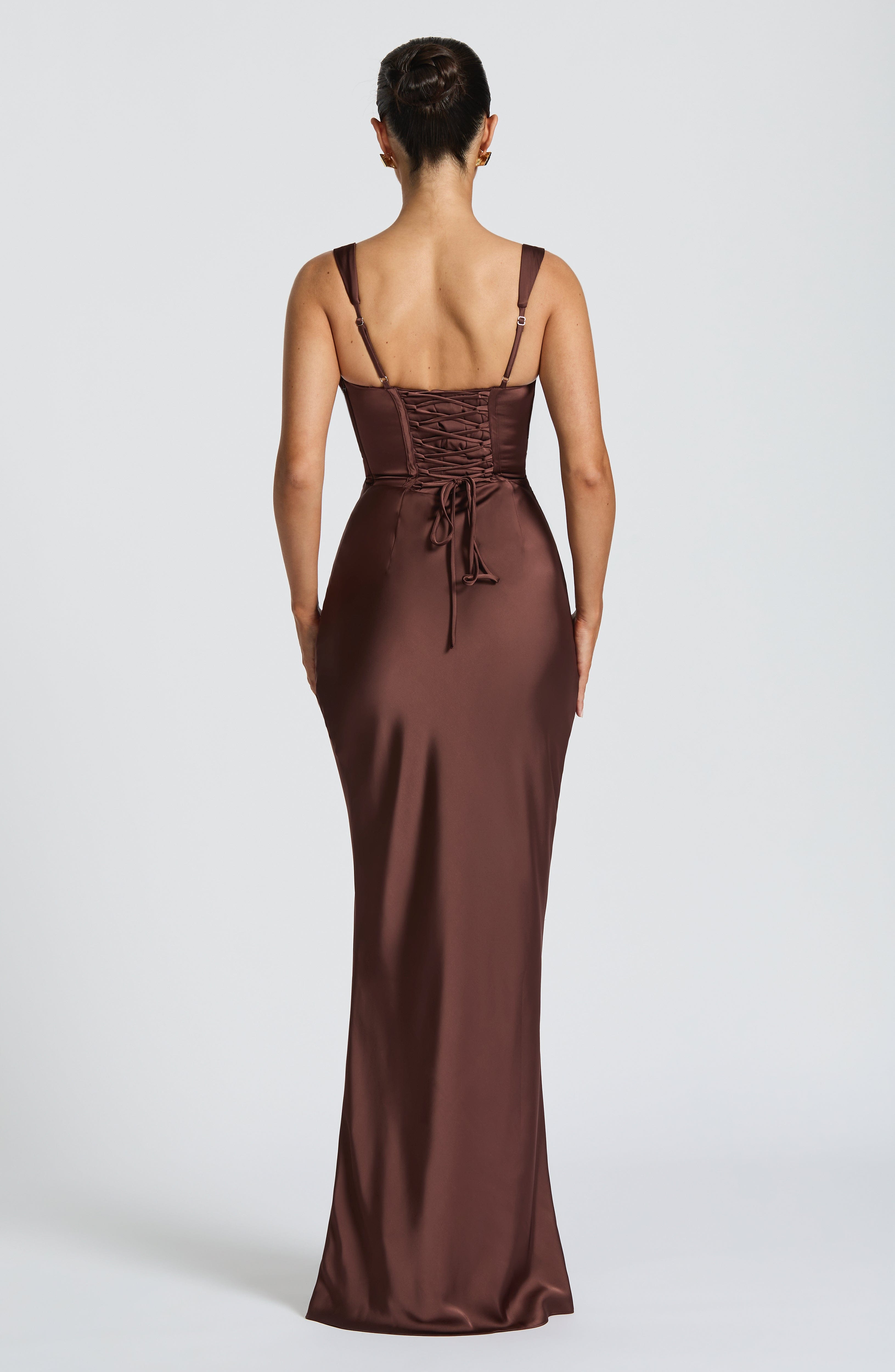 Calanthe | Satin Maxi Dress in Plum Brown
