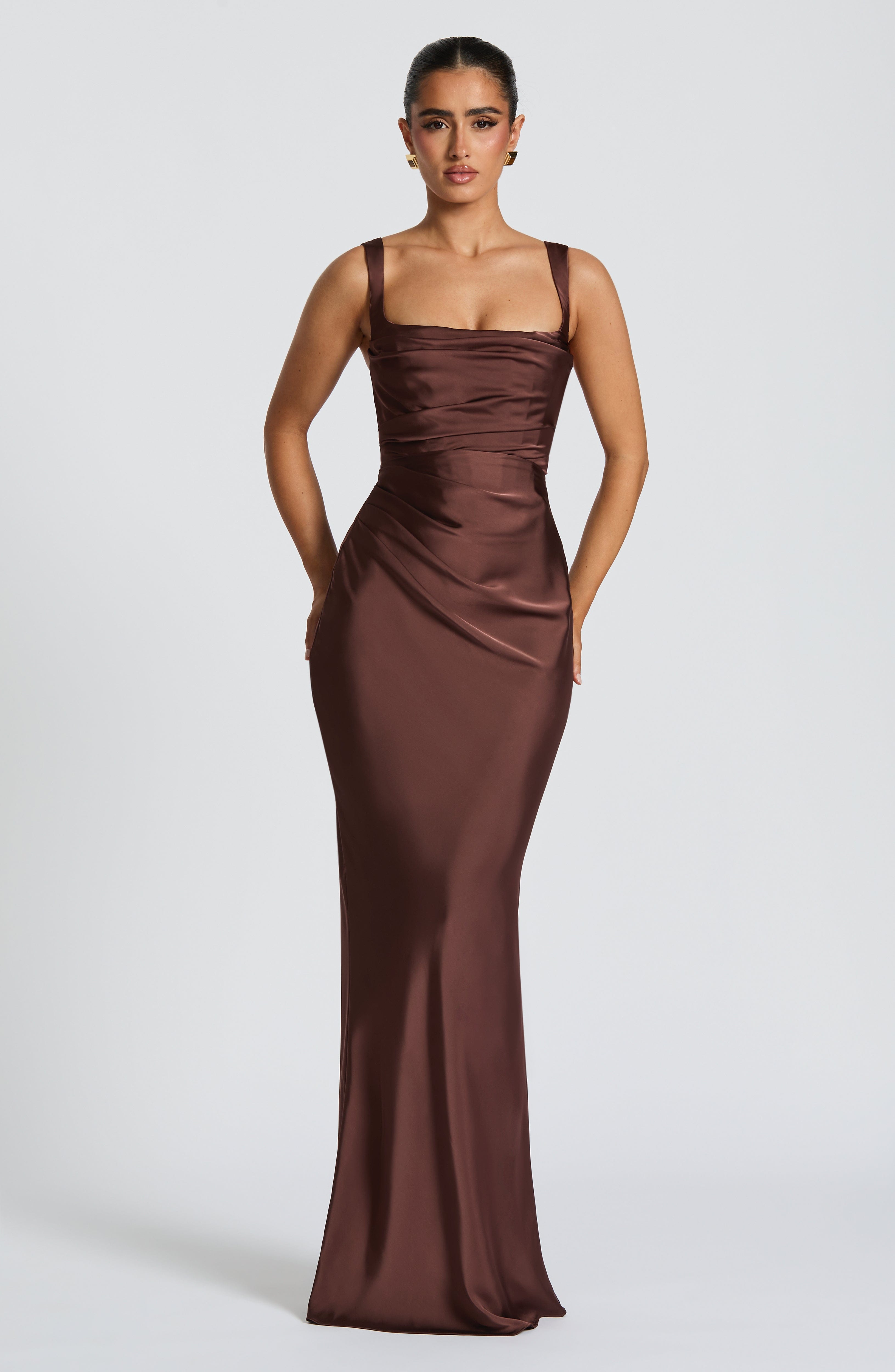 Calanthe | Satin Maxi Dress in Plum Brown