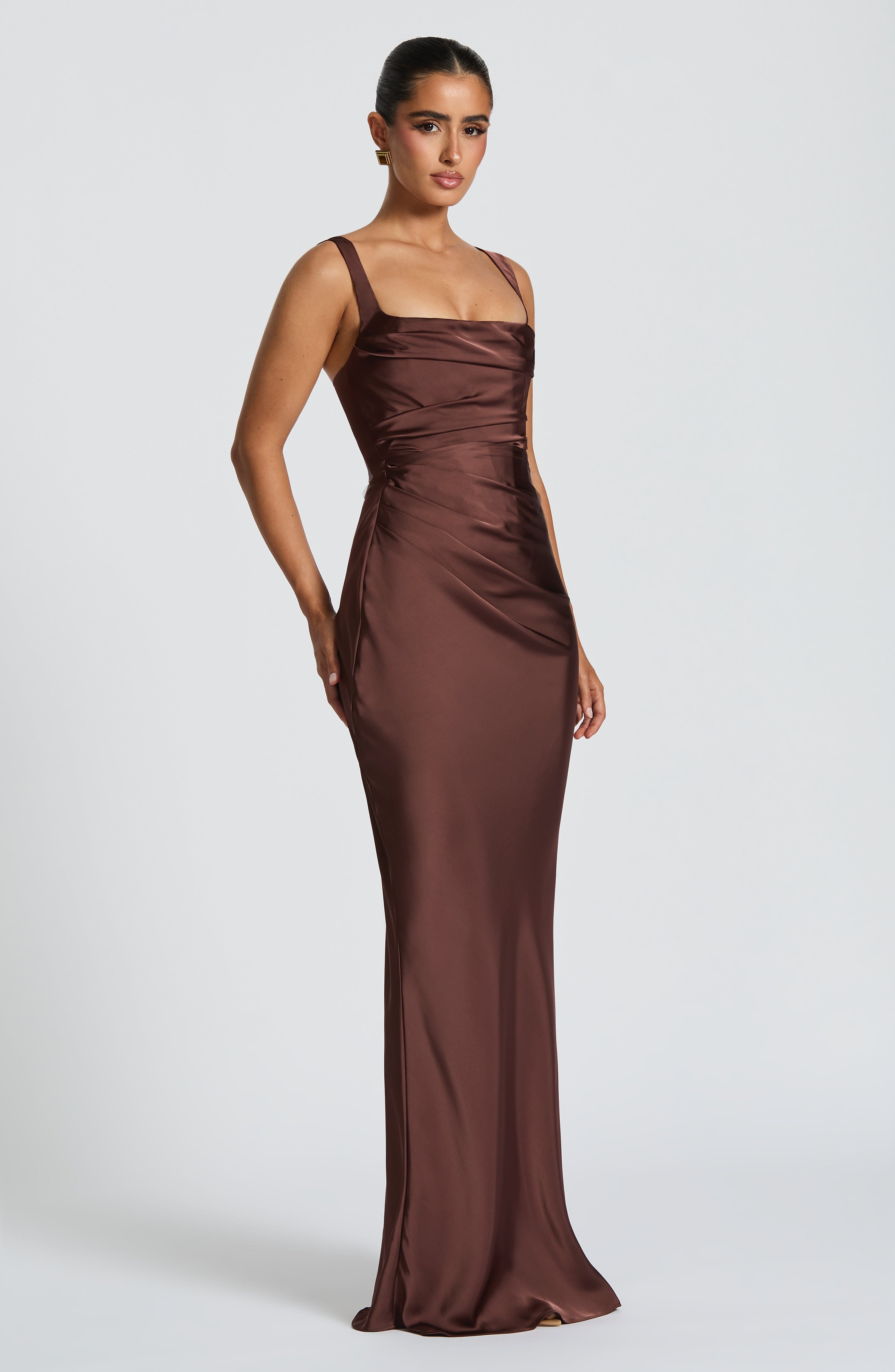 Calanthe | Satin Maxi Dress in Plum Brown
