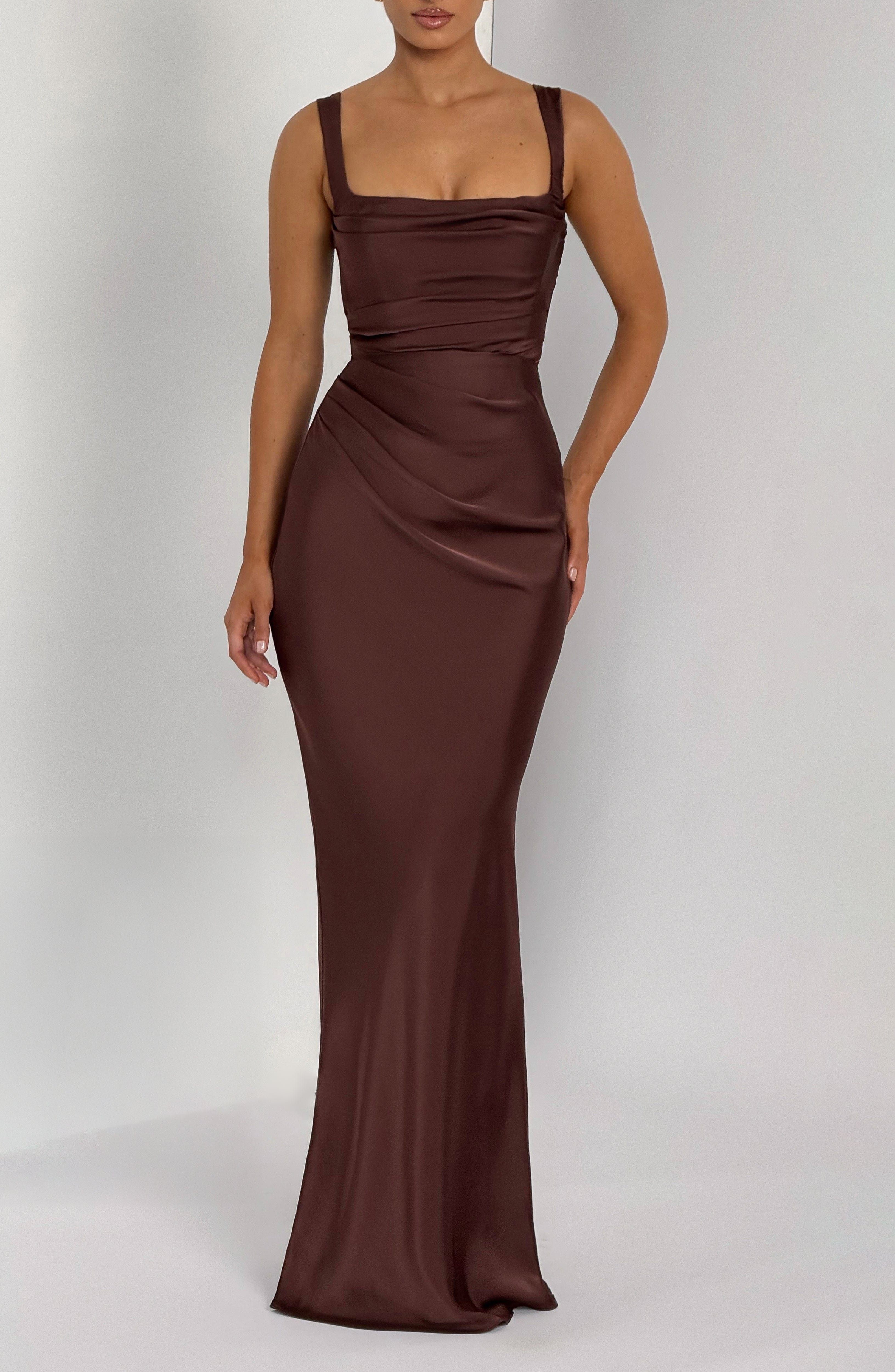Calanthe | Satin Maxi Dress in Plum Brown
