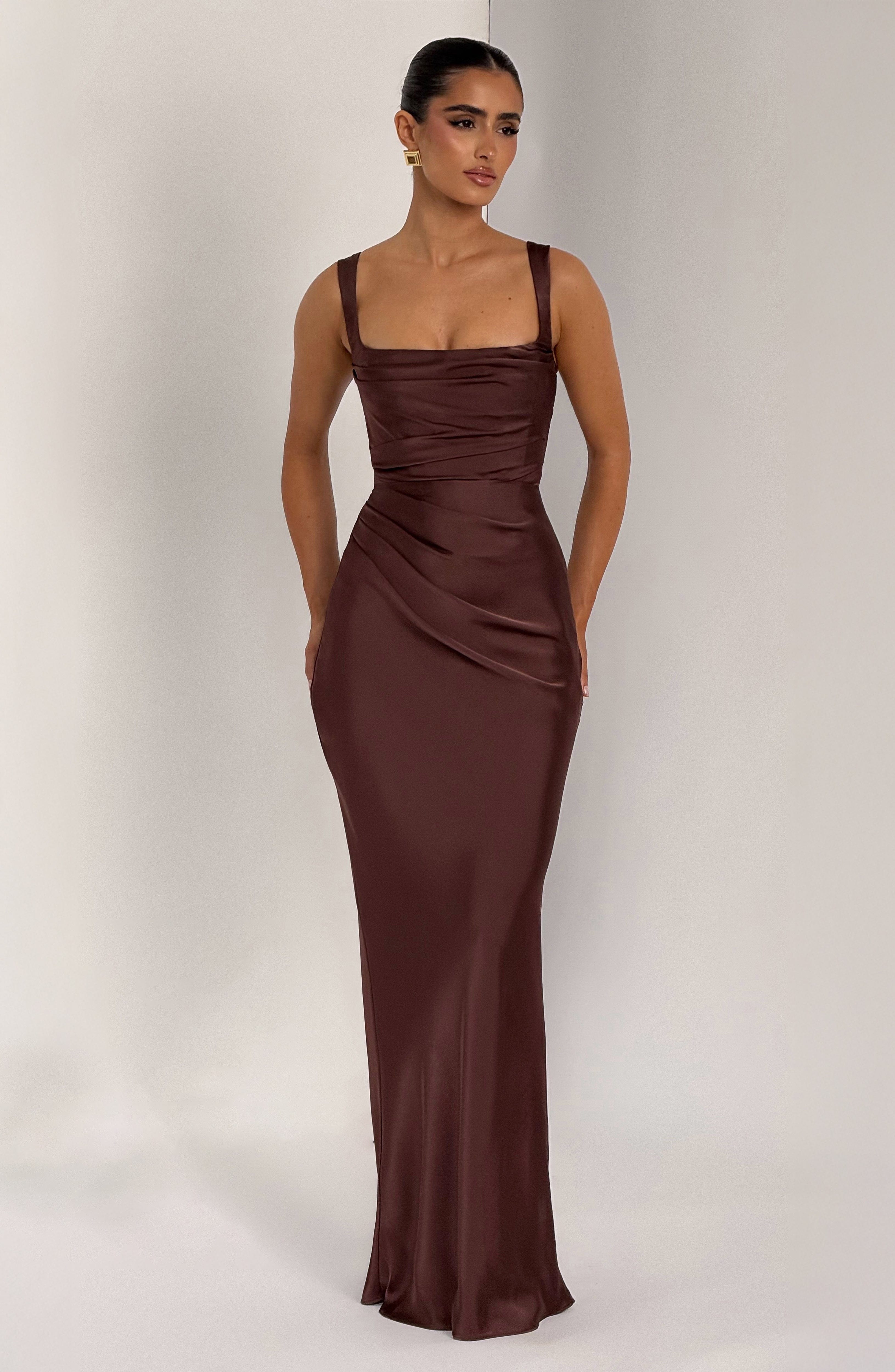 Calanthe | Satin Maxi Dress in Plum Brown