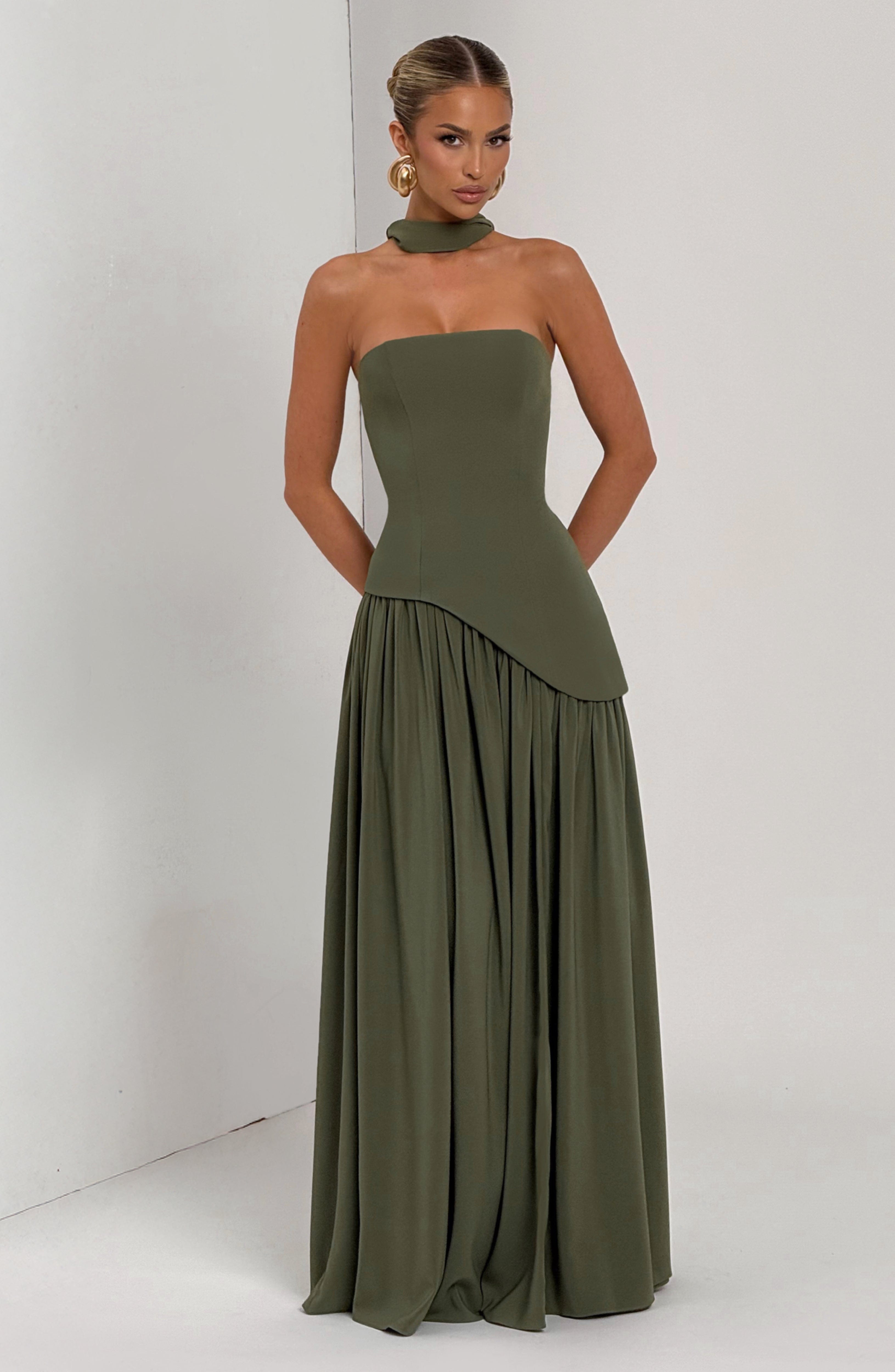 Elara | Lace-Up Chiffon Maxi Dress in Khaki