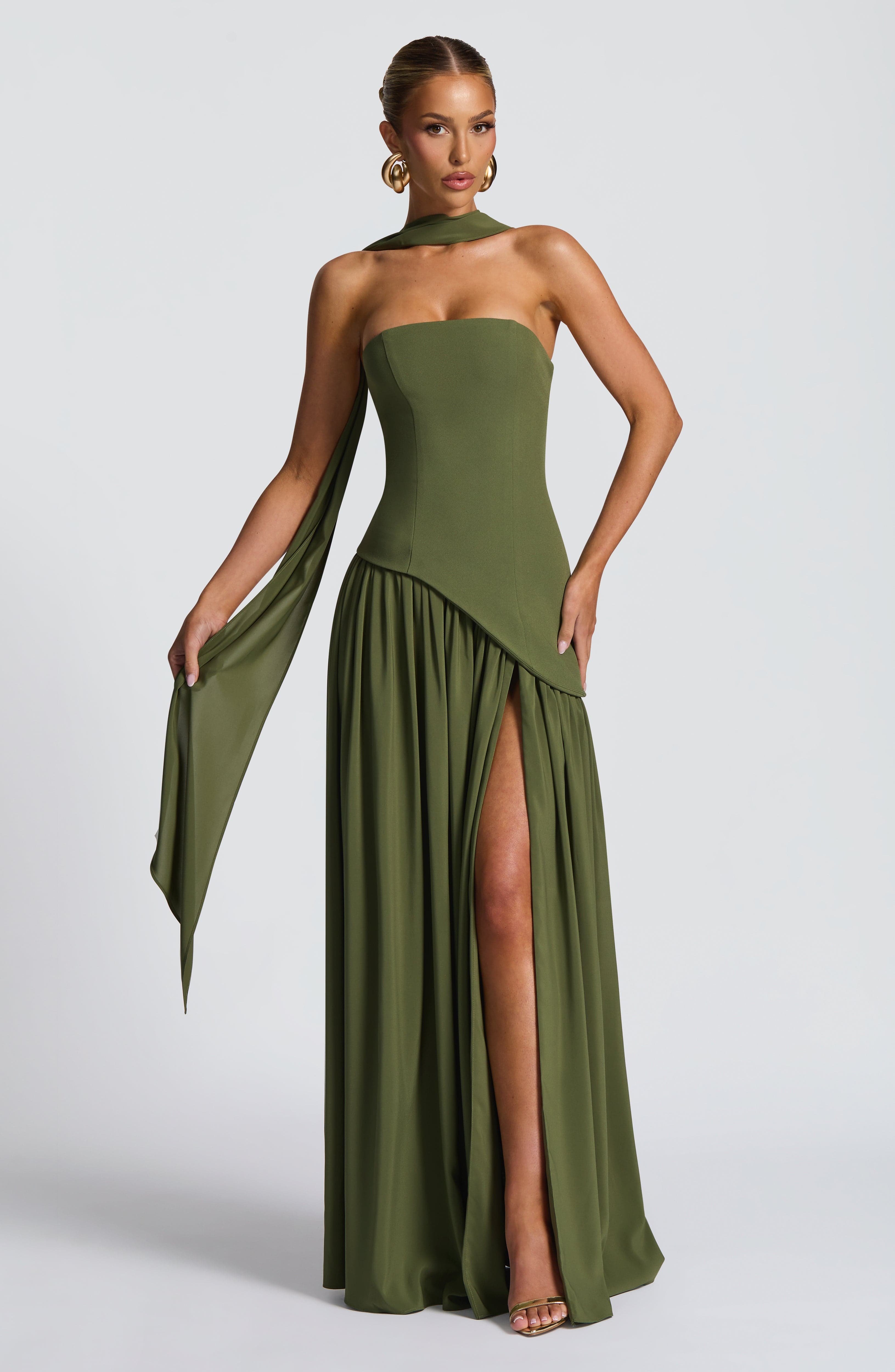Elara | Lace-Up Chiffon Maxi Dress in Khaki