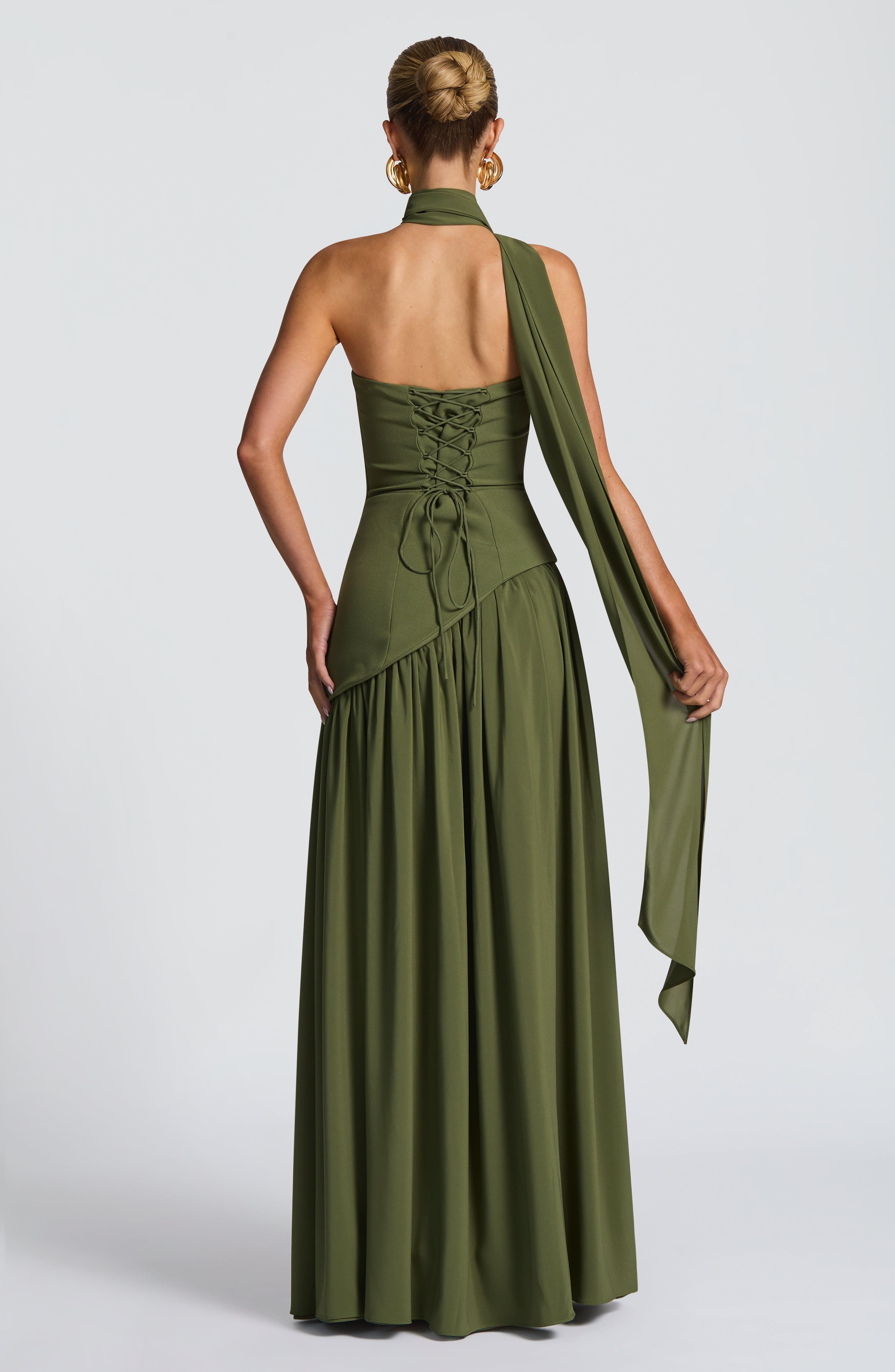 Elara | Lace-Up Chiffon Maxi Dress in Khaki