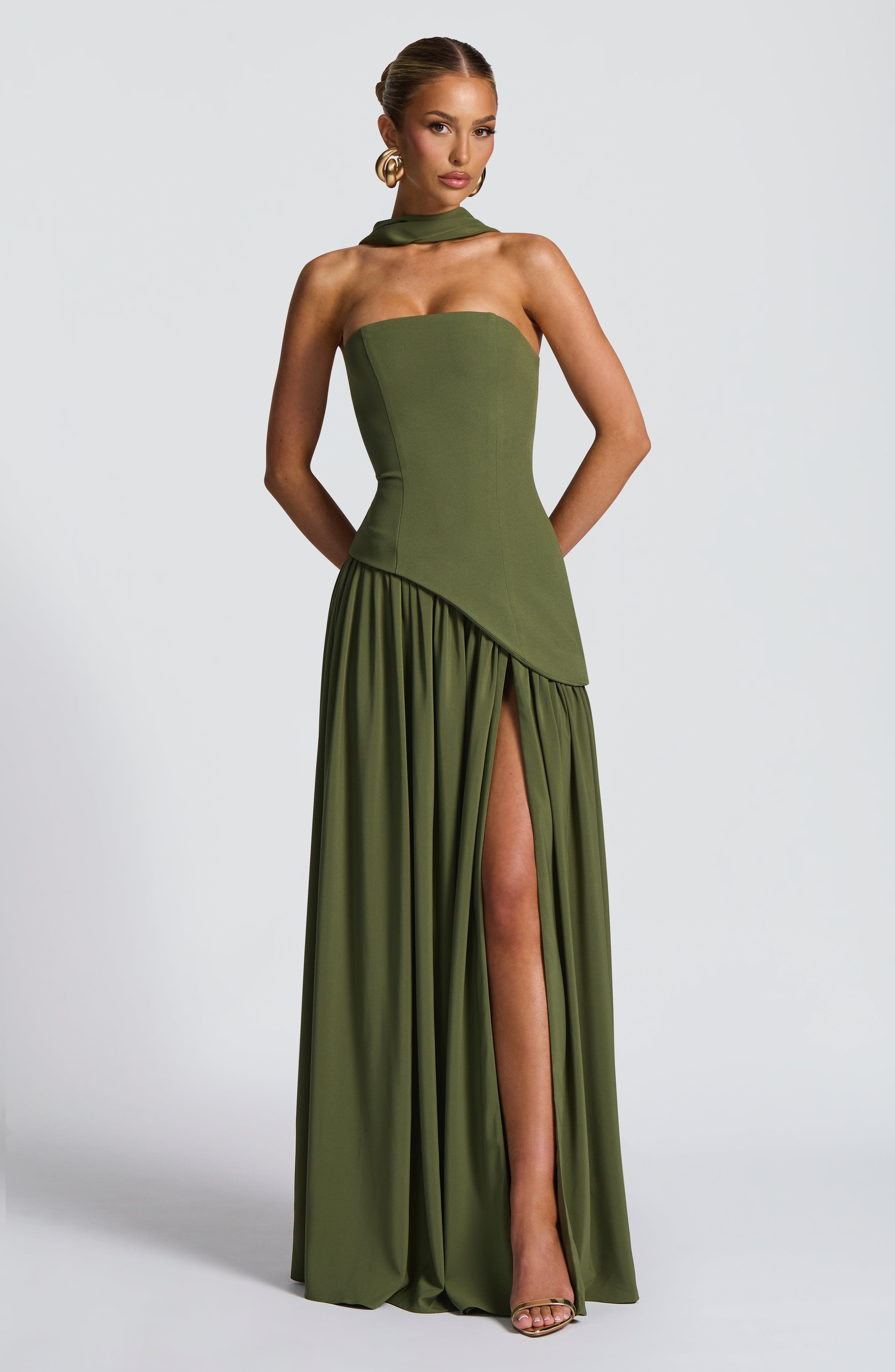 Elara | Lace-Up Chiffon Maxi Dress in Khaki