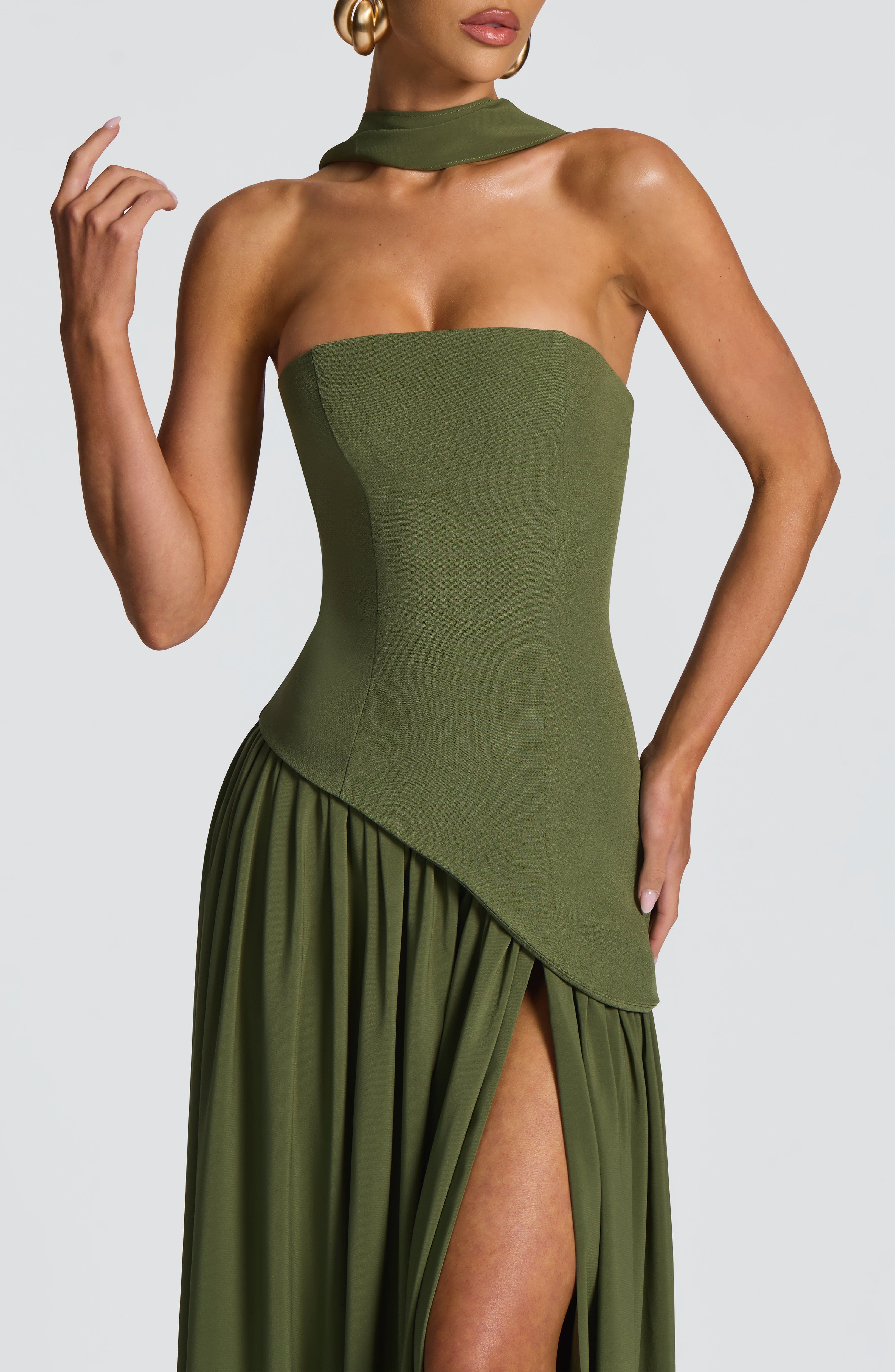 Elara | Lace-Up Chiffon Maxi Dress in Khaki