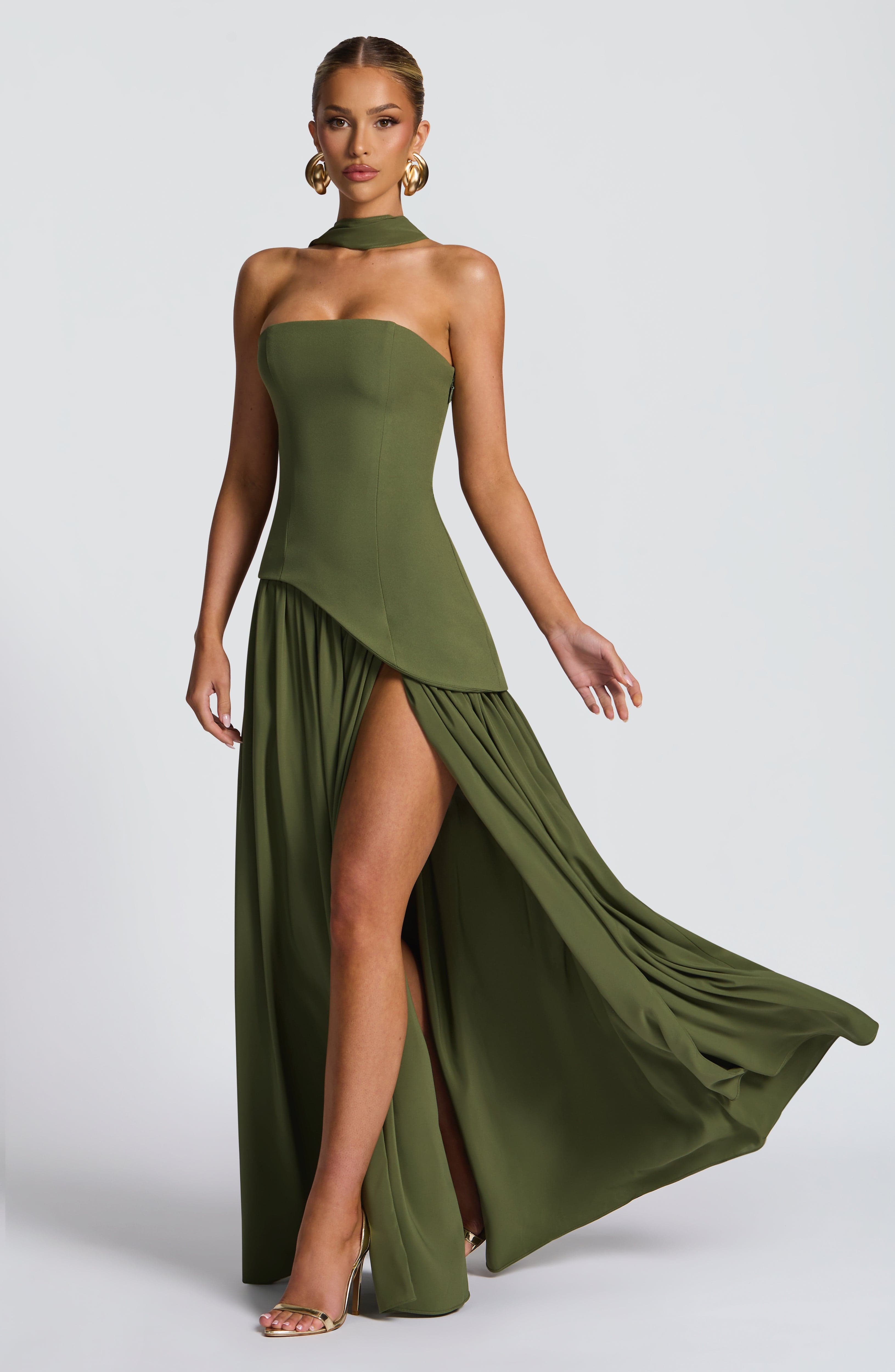 Elara | Lace-Up Chiffon Maxi Dress in Khaki