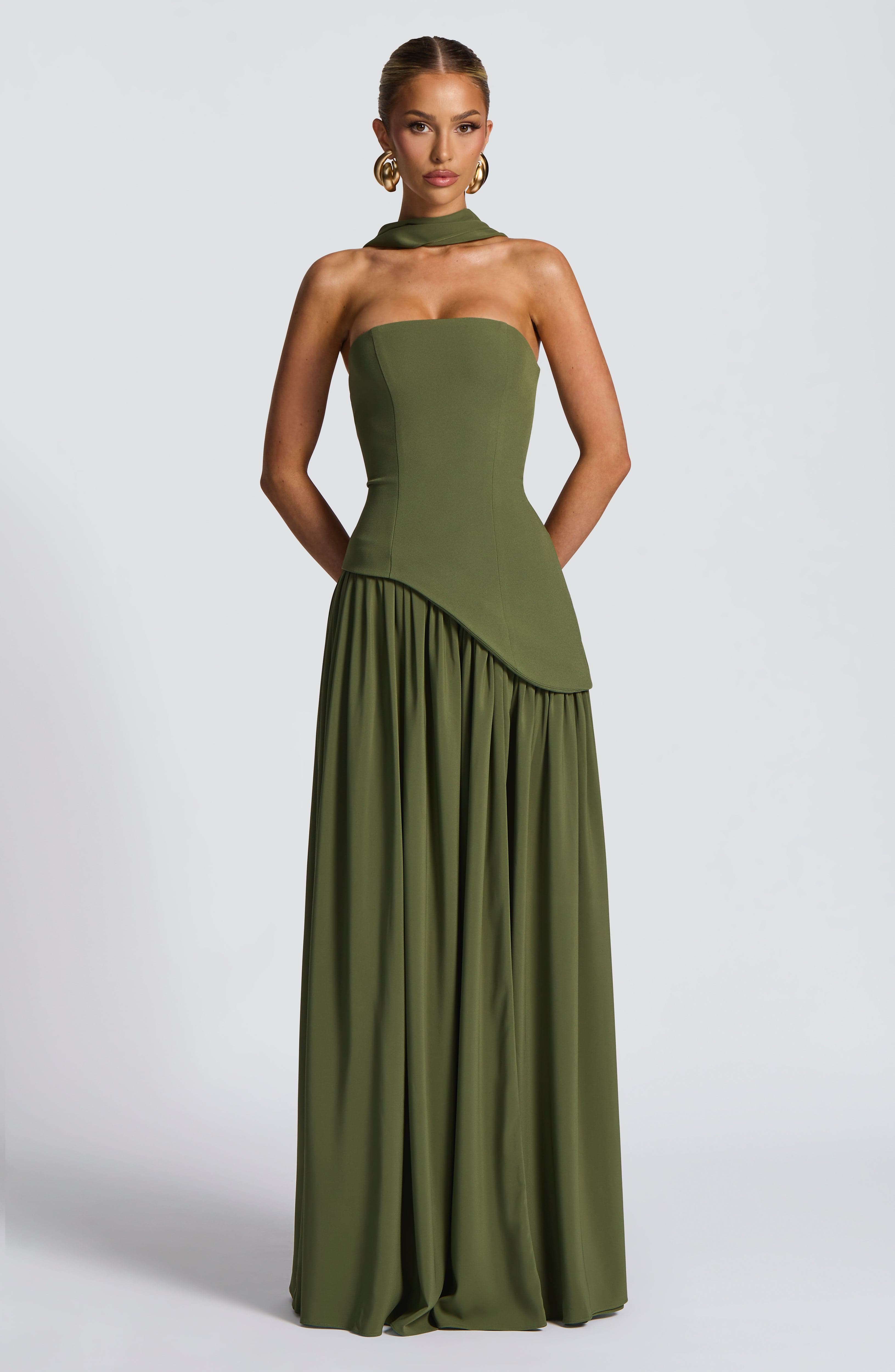 Elara | Lace-Up Chiffon Maxi Dress in Khaki