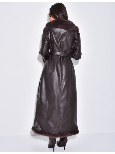 Extra-long faux leather coat with faux fur trim
