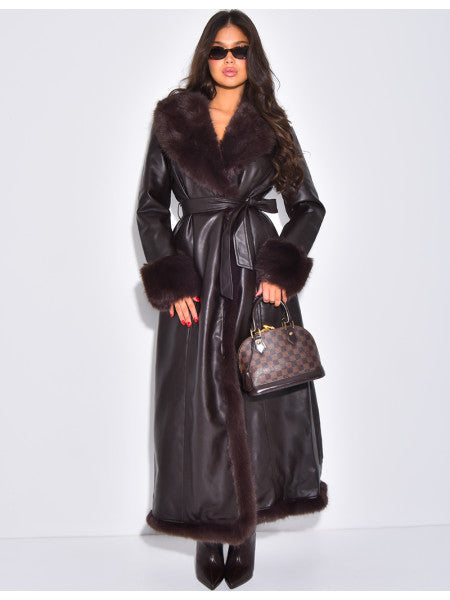 Extra-long faux leather coat with faux fur trim