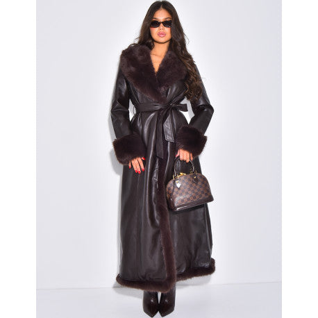 Extra-long faux leather coat with faux fur trim