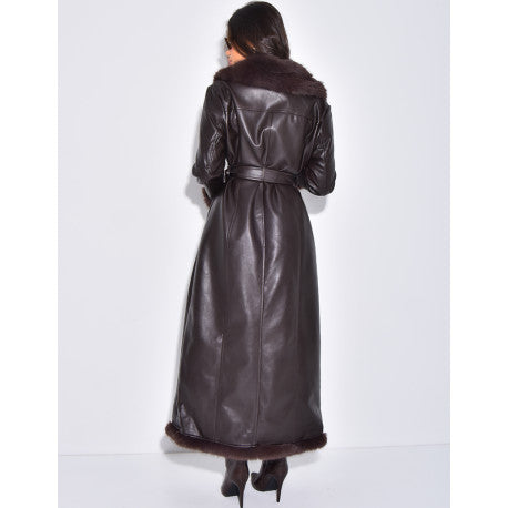 Extra-long faux leather coat with faux fur trim