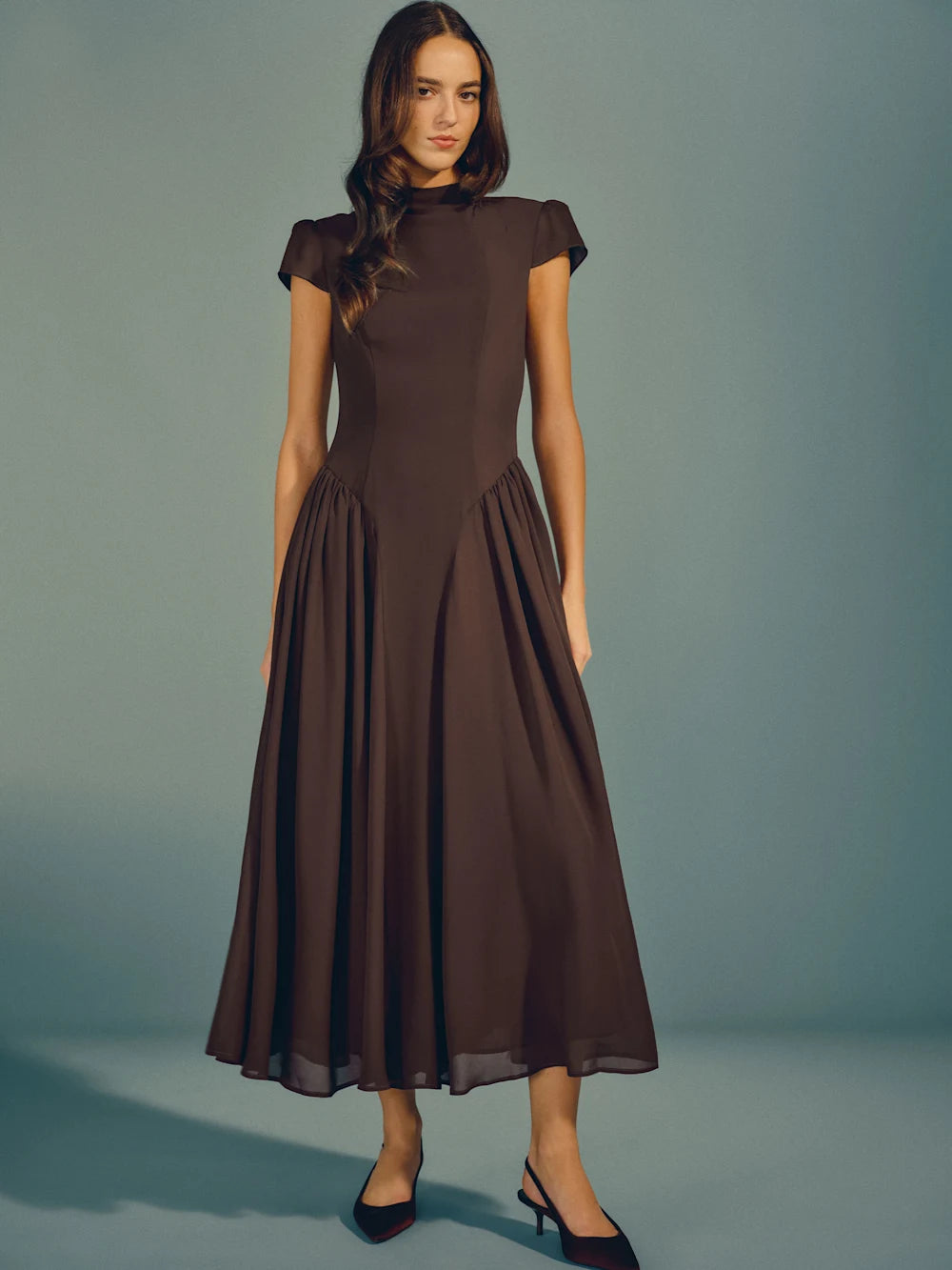 Maven | Mock-Neck Cap Sleeve Drop-Waist Maxi Dress