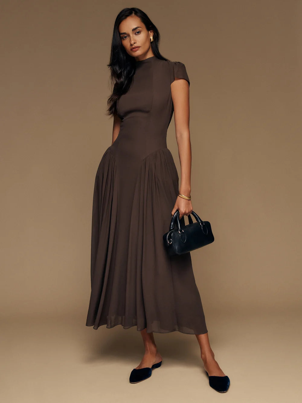 Maven | Mock-Neck Cap Sleeve Drop-Waist Maxi Dress