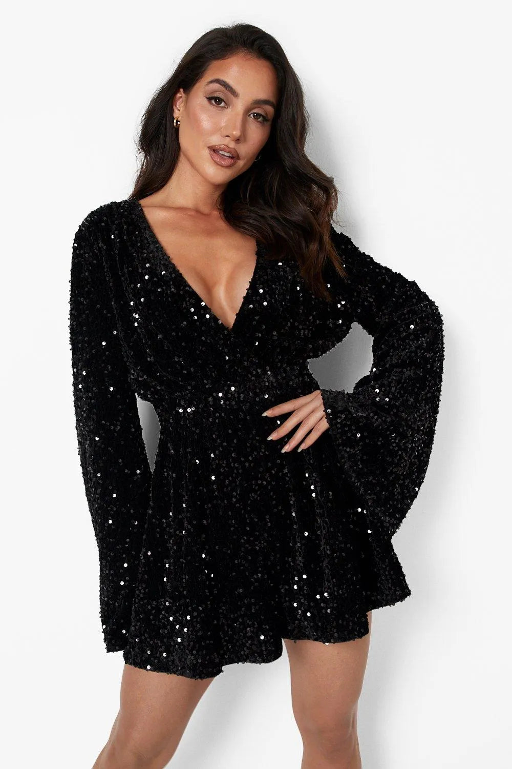 Sequin | Flare Sleeve Open-Back Playsuit