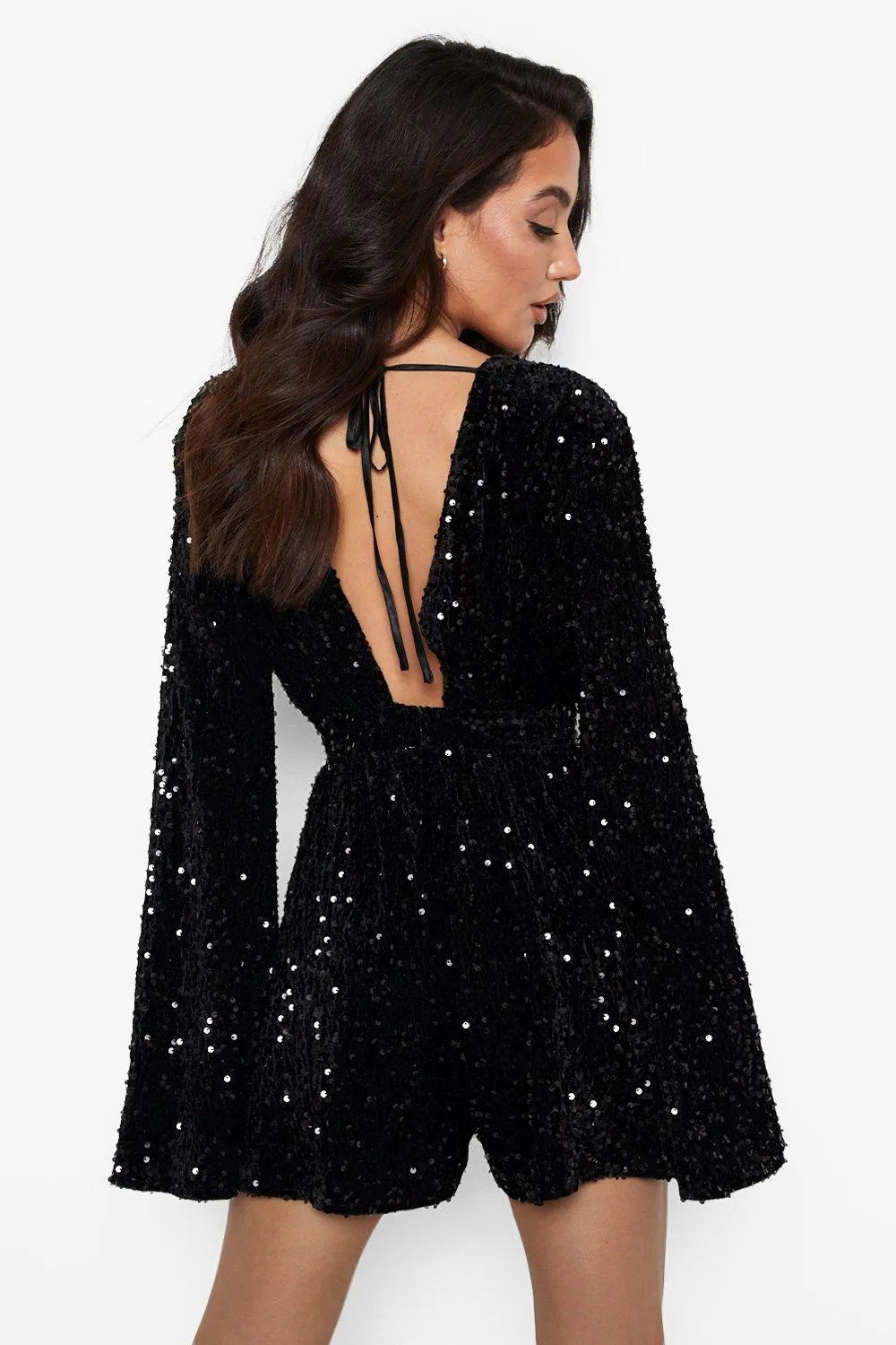 Sequin | Flare Sleeve Open-Back Playsuit